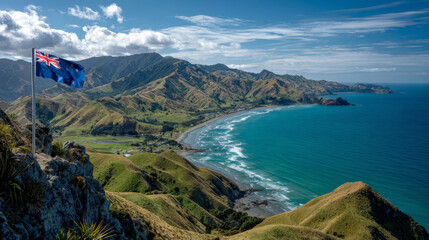 Obraz premium The New Zealand flag stands tall on a pole above the ocean waves. Mountains rise sharply in the background. Bright daylight shines on the clear blue water and rocky shore.