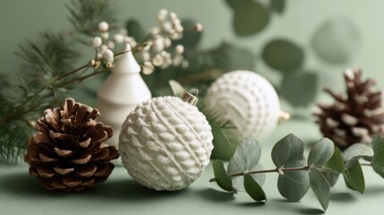 Elegant white christmas ornaments and pine cones on a soft green background.