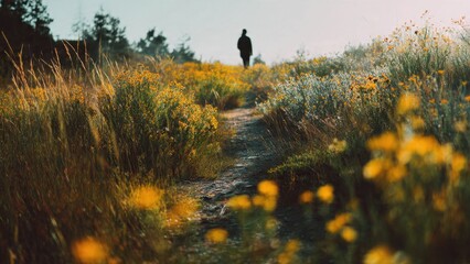 Person walking on path among yellow wildflowers