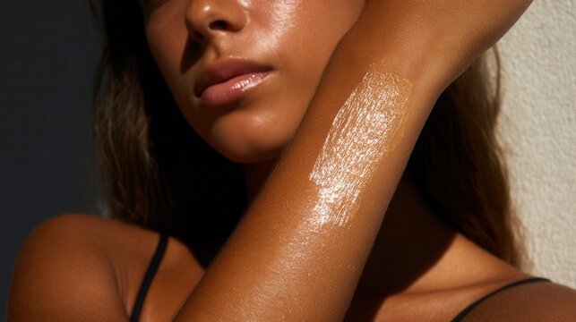 Woman applying luxurious body moisturizer for smooth skin