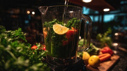 Fresh green juice being poured into a glass pitcher with kale and lemon