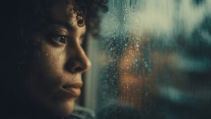 Woman Gazing Through Rainy Window