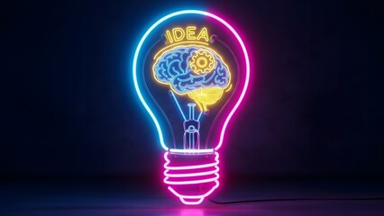 Neon light bulb with brain and idea concept