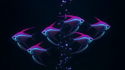 Neon dolphins swimming in dark water with bubbles