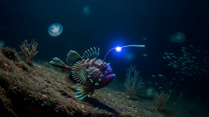 Lionfish on a rocky underwater terrain at night