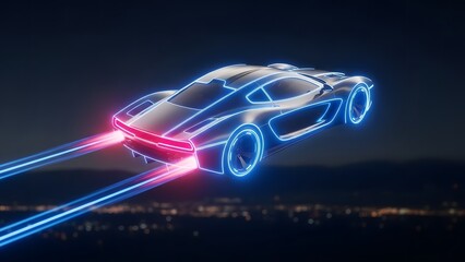 Futuristic car in flight with neon lights and trails