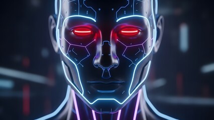 Cybernetic robot head with glowing red eyes
