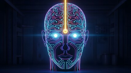 Glowing cybernetic humanoid head with neural network patterns
