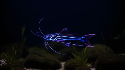 A blue shrimp in a dark environment with neon light
