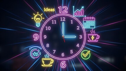 Neon clock with business and productivity icons
