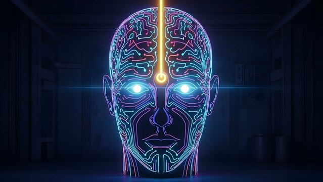 Glowing cybernetic humanoid head with neural network patterns - Powered by Adobe