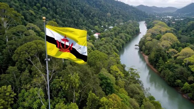 Brunei flag waves above a tropical rainforest with a winding river visible below. The scene captures the natural beauty of the region with lush trees and clear water.