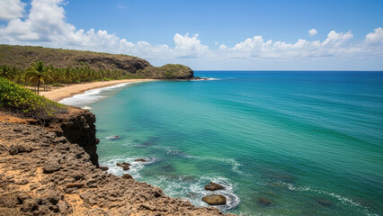 Serene coastal landscape with turquoise water and rocky shore against a clear blue sky, ideal for travel-themed promotions in Venezuela.