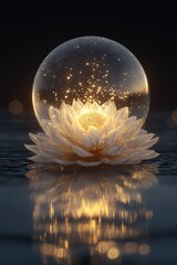 Light shines from glass sphere over white lotus flower in water