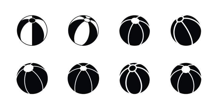 Black and white beach ball silhouettes icons collection