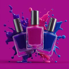 Nail polish bottles splash colorful paint in bright setting