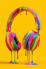 Colorful headphones covered in paint on a bright yellow background
