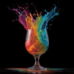 Colorful liquid splashes from a glass in a dark setting