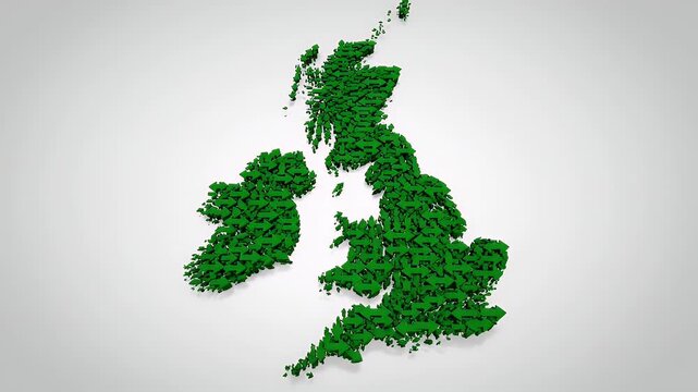 This powerful visual representation features a dynamic, three dimensional uk map animated as hundreds of small, green arrows converge rapidly from all directions to form the detailed geographical.