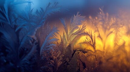 Frost patterns form on glass during winter morning light