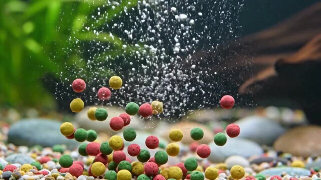 Colorful fish food pellets sinking in a vibrant freshwater aquarium with bubbles and gravel.