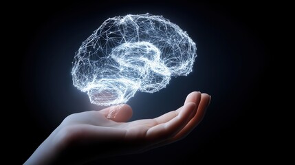 Digital brain concept held in hand with glowing connections