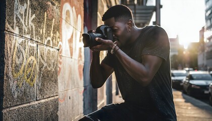 Male Photographer Shooting Street Scenes. Black man holding DSLR camera capturing street photography,