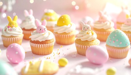 Easter Cupcake Fantasy: An assortment of delectable cupcakes and decorated Easter eggs bring the joyous spirit of Easter to life.