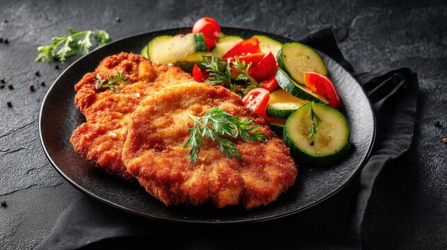 Crispy breaded schnitzel with fresh vegetables on black plate.