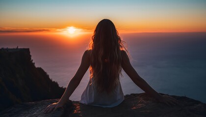 Woman Gazing at Sunset from Cliff Edge
