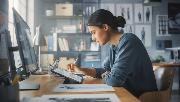 Female Graphic Designer Sketching Concepts. Young woman sketching design concepts on tablet - Powered by Adobe