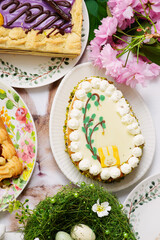 Traditional Polish Easter pastry Mazurek on an Easter background.top veiw