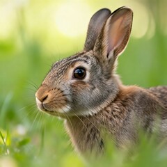 Fototapeta premium Brown rabbit with long ears and whiskers in green grassy field outdoor scene