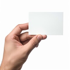 A hand, with fingers curled and extended, holding a blank, white rectangular card