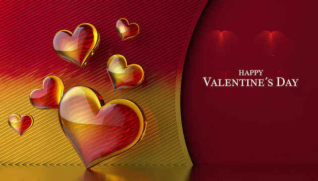 Piękne czerwono bursztynowe serca na stylowym czerwonym tle z  życzeniami walentynkowymi