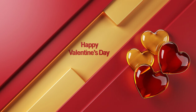 Piękne czerwono bursztynowe serca na stylowym czerwonym tle z  życzeniami walentynkowymi