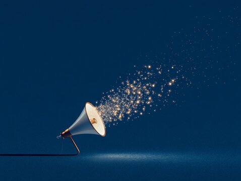 Modern white and gold megaphone blasting magical glowing spark particles on dark blue background, marketing communication concept