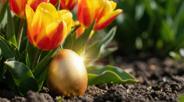 Single golden Easter egg hidden among yellow and red tulips