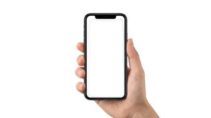Holding generic modern smartphone with empty white screen for app content mockup and design