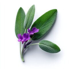 Sage plant with green leaves and purple flowers against a white background