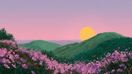 Fototapeta premium Scenic illustration of mountains and flowers with a sunrise or sunset backdrop