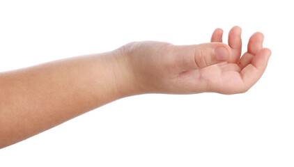 Little girl holding something on white background, closeup