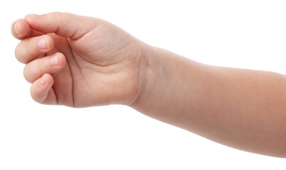 Little girl holding something on white background, closeup