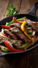 Authentic sizzling beef fajitas cooked with vibrant bell peppers, sweet onions, and fresh herbs, served steaming hot in a rustic cast iron skillet on a wooden surface.