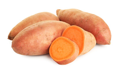 Whole and cut sweet potatoes isolated on white