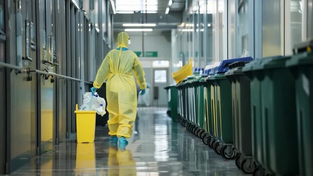 Medical worker in hazmat suit disposing of infectious waste