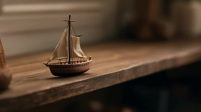 Woman's hand placing miniature sailboat model on shelf