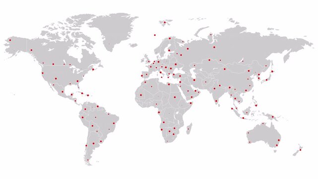 World map animation with red markers. Global distribution, logistics, international business, or epidemiological spread. Motion design with Alpha channel