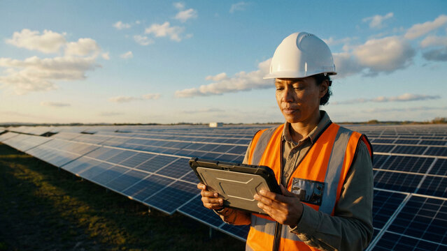Professional female engineer in safety gear using a digital tablet for data analysis at a large-scale solar panel farm during a bright sunny day - Powered by Adobe