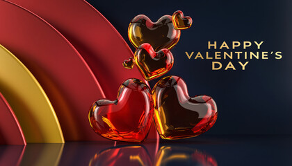 Piękne czerwono bursztynowe serca na stylowym czerwonym tle z  życzeniami walentynkowymi